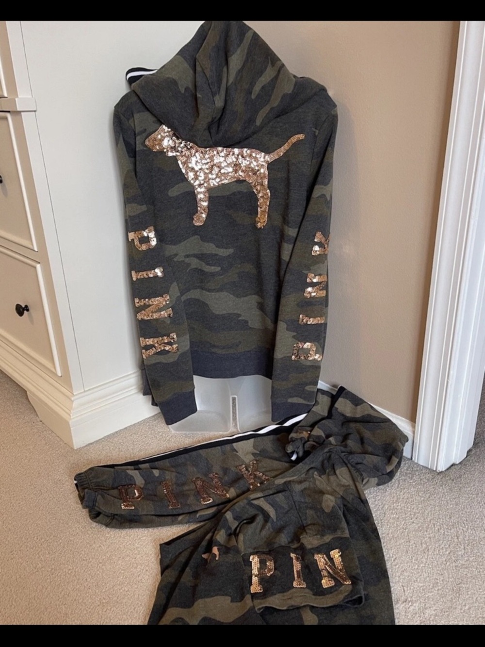 Victoria Secret Pink Camo Jogget Jacket T Shirt Set Bling Size S 3pcs Rare - Picture 4 of 8